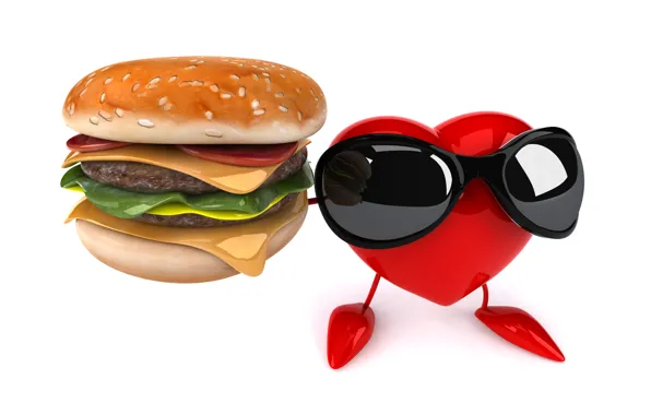 Heart, heart, cheeseburger, funny, rendering, hamburger, sunglasses, 3D Art