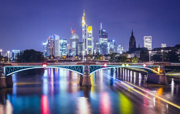 Night, bridge, lights, river, home, skyscrapers, Germany, lights