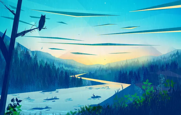 Nature, Owl, River, Forest, Post, Style, Landscape, River
