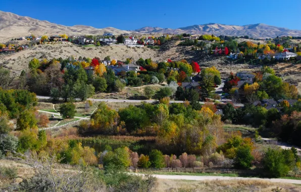 Road, autumn, the sky, trees, mountains, hills, home