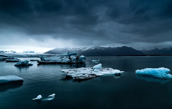 Ice, the sky, mountains, clouds, nature, the ocean, rocks, icebergs