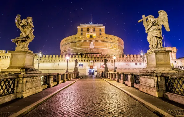 Picture night, bridge, lights, Rome, Italy, Castel Sant'angelo