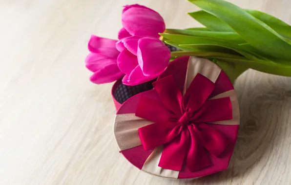 Gift, heart, bouquet, tulips, Valentine's Day