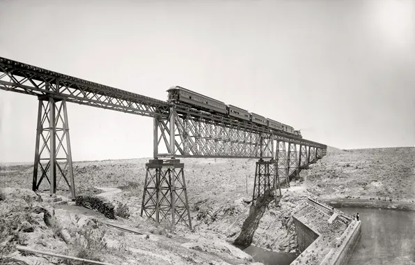 Bridge, retro, train, USA, 1891-the year