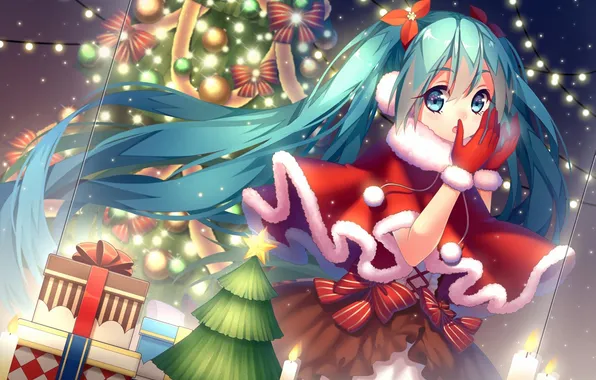 Picture cold, winter, girl, new year, art, gifts, vocaloid, hatsune miku