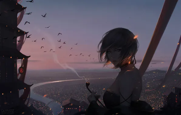 The sky, girl, sunset, birds, the city, smoke, tube, anime