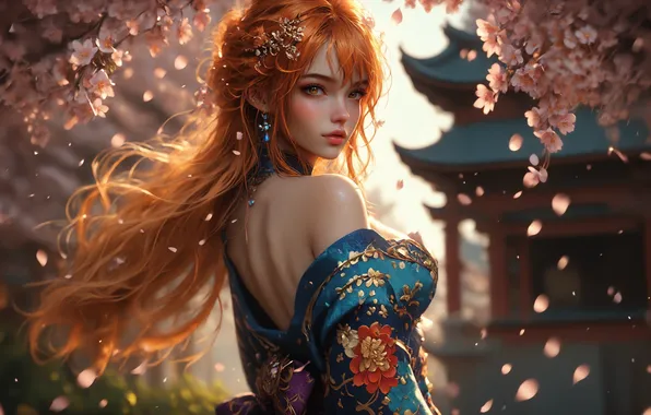 Picture AI art, looking at viewer, redhead, shrine, Nami, One Piece, cherry blossom, brown eyes