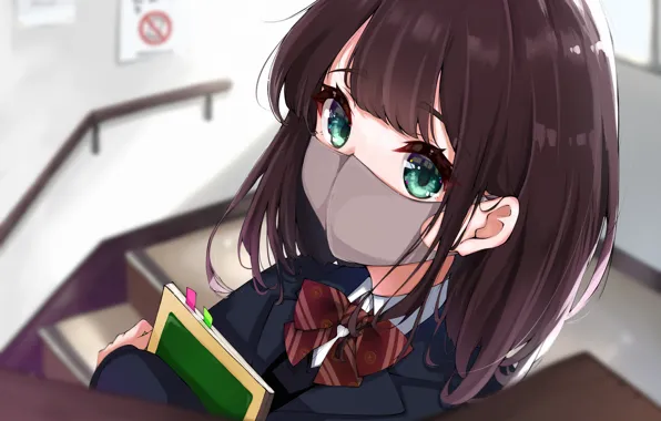 Girl, mask, corridor, schoolgirl, notebook