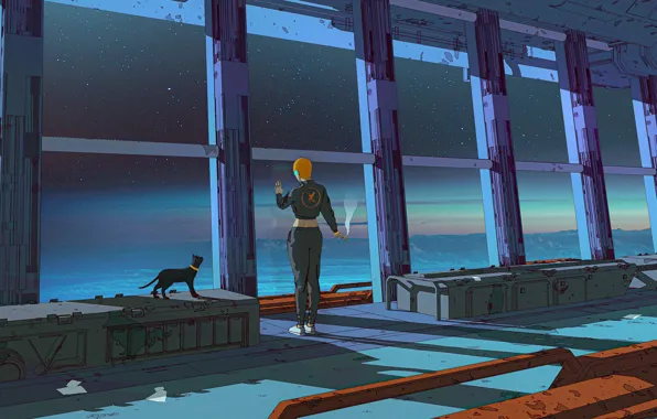 Girl, Night, Figure, Cat, Cat, Style, Window, Art