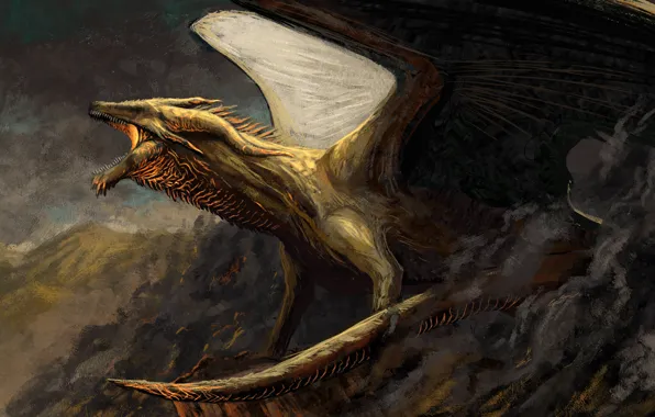 Picture mountains, dragon, wings, power, fantasy, art, mouth