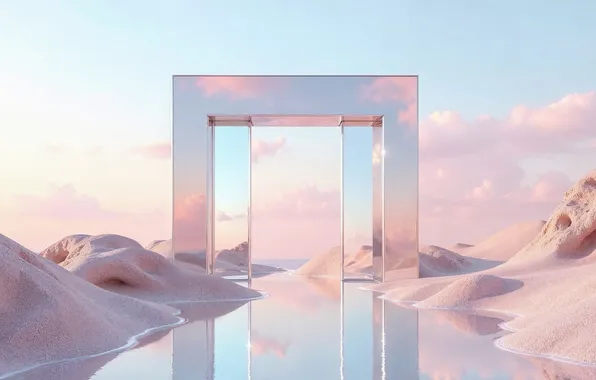 The sky, fog, reflection, rocks, dawn, construction, morning, mirror