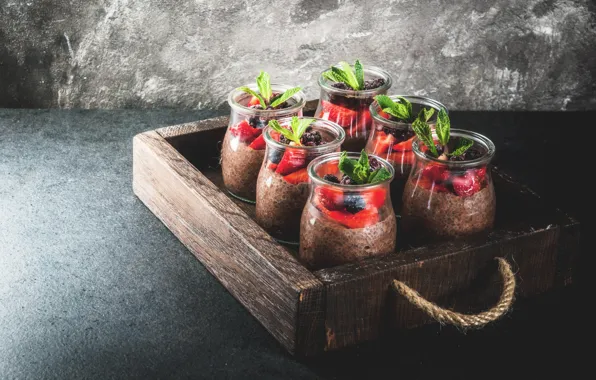 Berries, box, Breakfast, jars, pudding, Chia