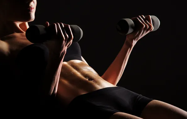 Woman, pose, fitness, dumbbells, perspiration