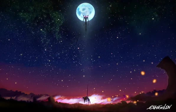 Picture the sky, stars, night, weapons, the moon, anime, robots, art