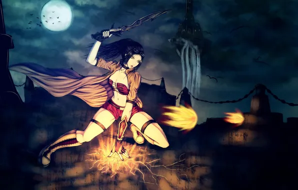 Girl, night, weapons, fire, sword, art, bats, ability