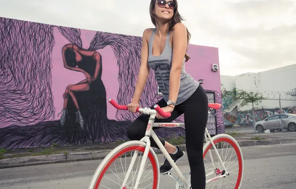 Picture girl, bike, graffiti, brunette, glasses, Vossen