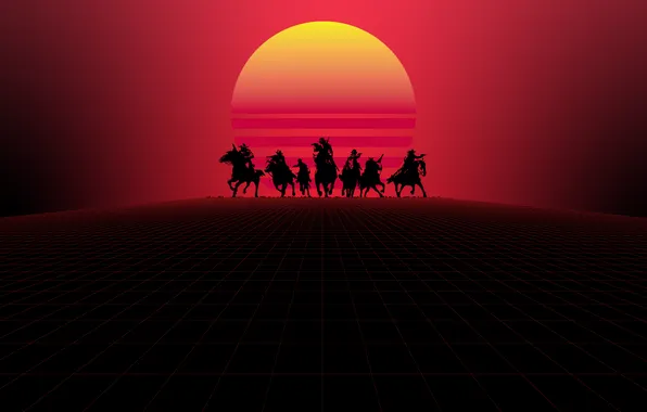 Red, western, horse, cowboys, video games, simple background, Red Dead Redemption 2, Synthwave
