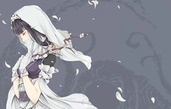 Picture girl, sprig, petals, Sakura, clouble