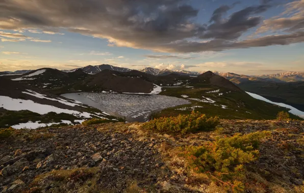 The sky, clouds, mountains, hills, needles, mountain lake