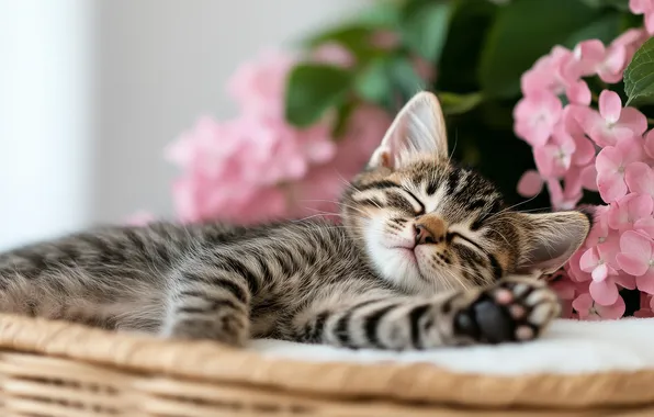 Cat, look, flowers, pose, kitty, sleep, bouquet, sleeping