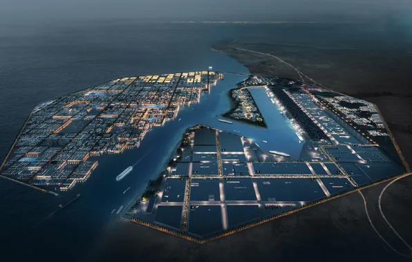 Neom, saudi arabia, ocatogan, oxagon, floating port