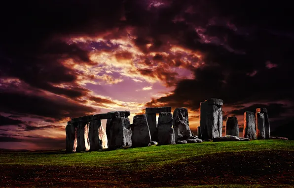 Picture the sky, grass, landscape, sunset, stones, hill, architecture, Stonehenge