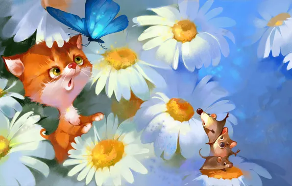 Animals, cat, flowers, butterfly, figure, chamomile, mouse