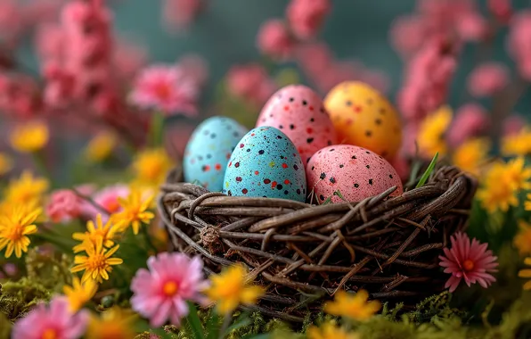 Flowers, eggs, spring, colorful, Easter, flowers, spring, Easter