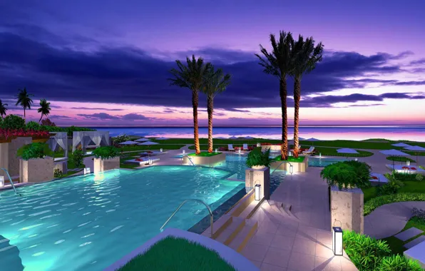 Picture palm trees, the ocean, the evening, pool, resort