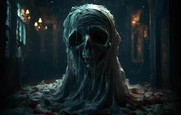 Skull, web, dust, horror, dark
