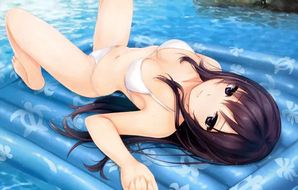 Girl, sexy, cleavage, long hair, boobs, anime, water, beautiful