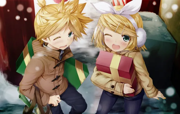 Winter, girl, music, holiday, gift, new year, anime, guy
