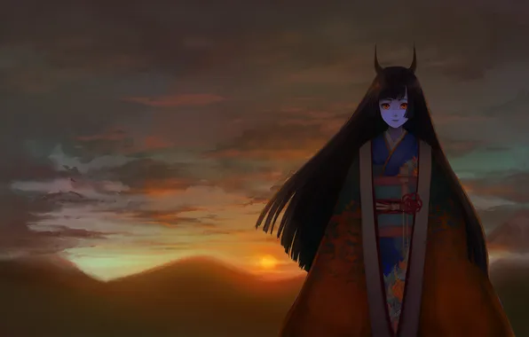 Picture girl, sunset, the evening, horns, The demon, red eyes