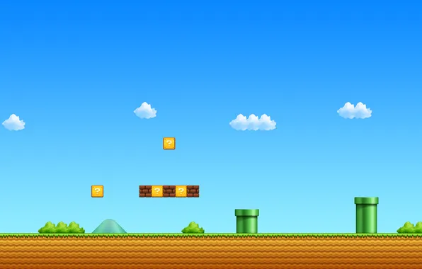 Bricks, mountains, clouds, classic, blue sky, arcade, Mario Bros, pipes