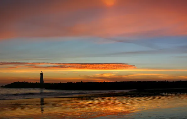 Sea, clouds, landscape, sunset, lighthouse