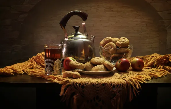 Glass, table, tea, apples, kettle, cookies, plate, bread