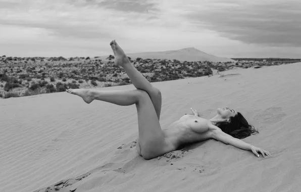 Black & white, legs, nipples, boobs, monochrome, sand, nude, erotic