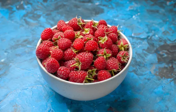 Berries, raspberry, bowl, blue background, blue background