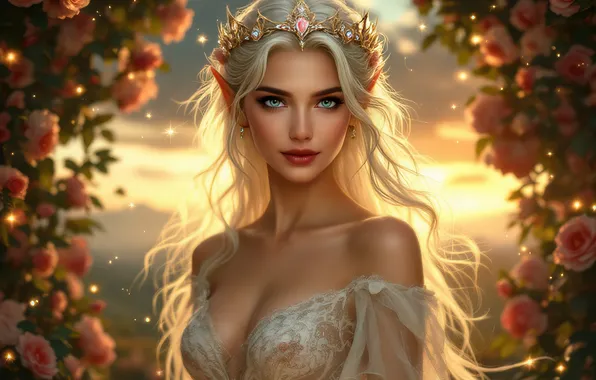 Chest, look, girl, the sun, light, flowers, portrait, roses