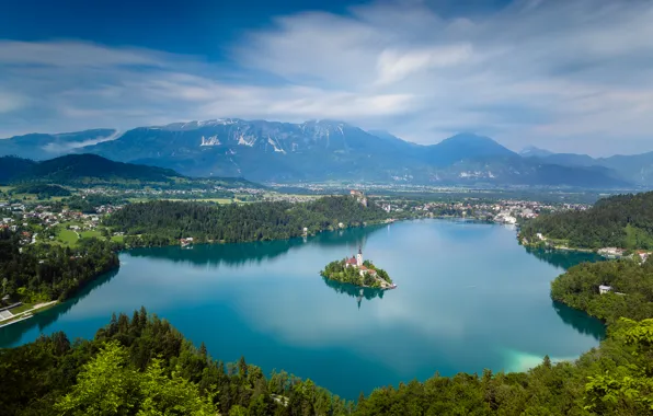 Mountains, lake, island, Church, panorama, Slovenia, Lake Bled, Slovenia