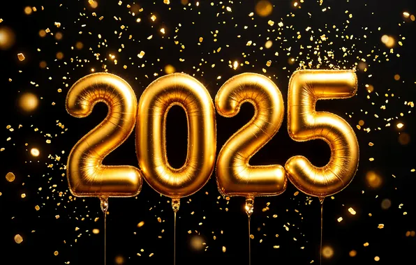 Lights, Shine, sequins, figures, New year, air, black background, gold plated
