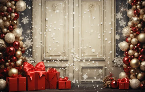 Winter, balls, snow, door, Christmas, gifts, New year, snowfall