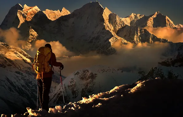 Winter, the sky, light, snow, mountains, fog, tops, people