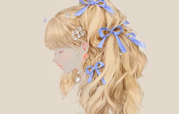 Bows, grey background, closed eyes, hair ornaments, in profile, curly hair, portrait of a girl, …