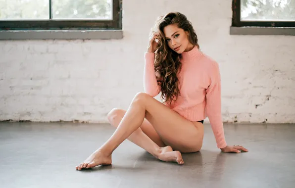 Look, sexy, pose, pink, model, Windows, barefoot, makeup
