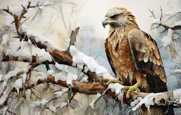 Winter, snow, style, bird, eagle, branch, eagle, AI art