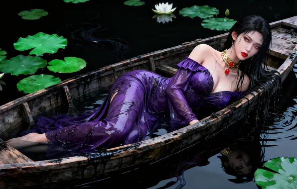 Picture girl, dress, brunette, asian, boat, ai art