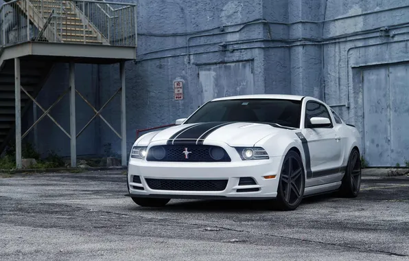 Picture white, asphalt, cracked, the building, mustang, Mustang, white, wheels