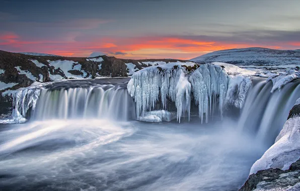 Ice, sunset, waterfall, Iceland, frozen, Godafoss
