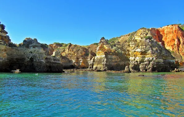 Sea, rocks, shore, Portugal, Laguna, grottoes, Lagos, Algarve
